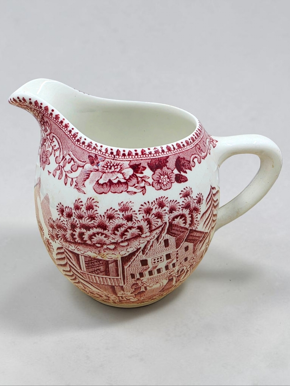 Wedgwood Pink Avon Cottage Creamer 8oz Floral Rim Country Scene England